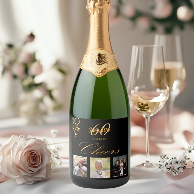 60th birthday black gold photo cheers script sparkling wine label (Creator Uploaded)