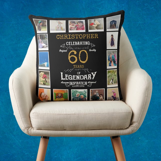 60th Birthday Black Gold Photo Collage Cushion (Personalized 60th birthday gift throw pillow with 16 photos of your choice)