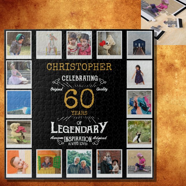 60th Birthday Black Gold Photo Collage Jigsaw Puzzle (A personalized elegant 60th birthday vintage puzzle that is easy to customize but hard to complete.)