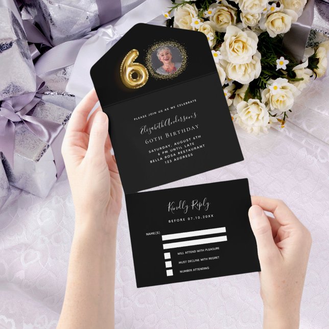 60th birthday black gold photo rsvp all in one invitation (Creator Uploaded)