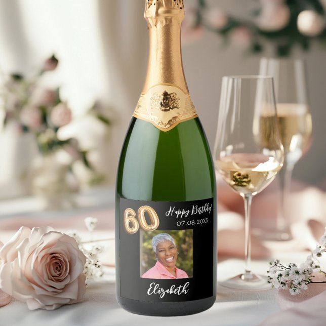 60th Birthday black gold photo Sparkling Wine Label (Creator Uploaded)