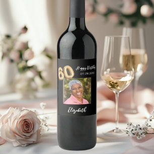 60th Birthday black gold photo Wine Label