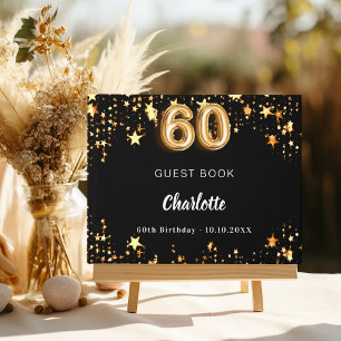60th Birthday black gold stars Guest Book