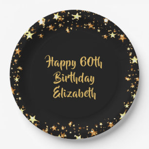 60th Birthday Black Gold Stars Name Paper Plate