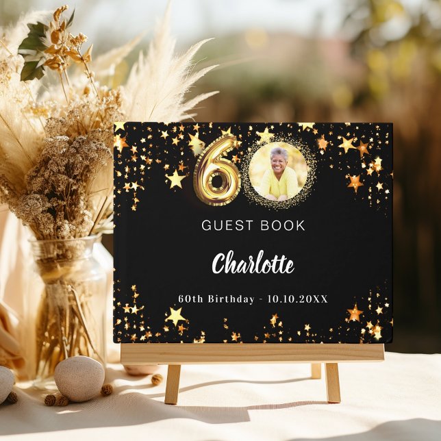 60th Birthday black gold stars photo Guest Book (Creator Uploaded)