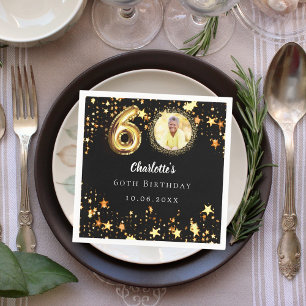 60th birthday black gold stars photo napkin