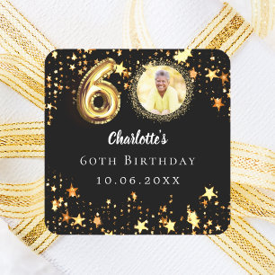 60th birthday black gold stars photo square sticker