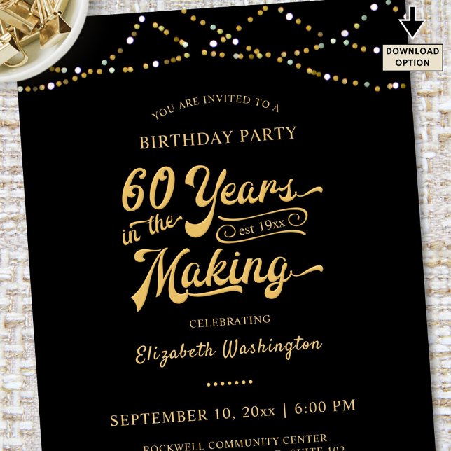 60th Birthday Black Gold String Lights Invitation (Creator Uploaded)