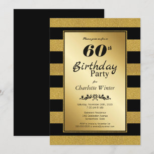 60th Birthday Black Gold Striped Party Invitation