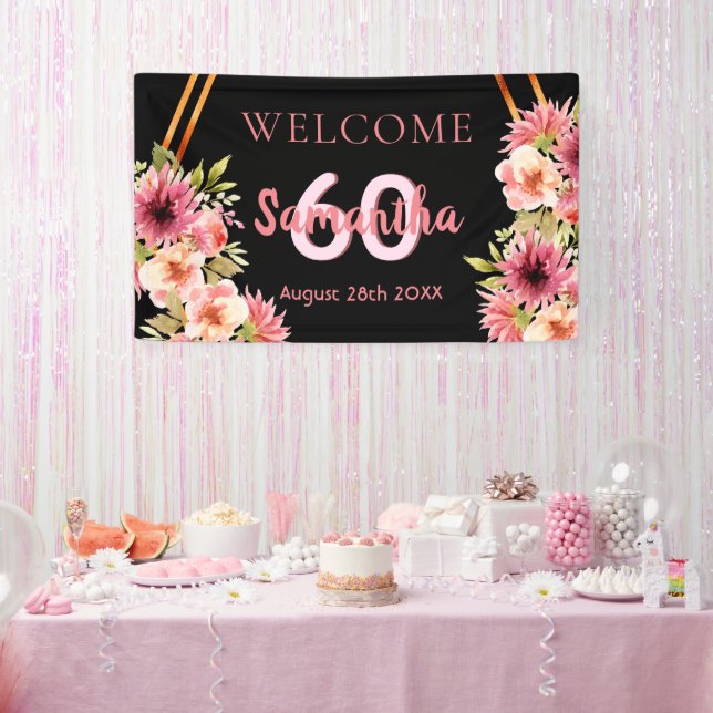 60th birthday black pink gold flowers banner (Party)
