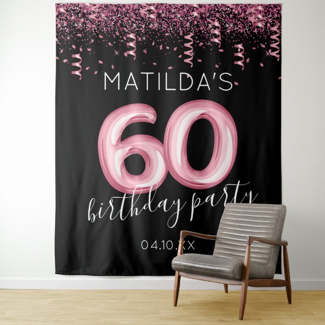 60th Birthday Black Pink Photo Backdrop Tapestry (In Situ)