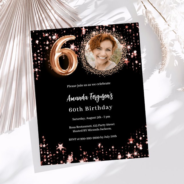 60th Birthday black rose gold photo invitation (Creator Uploaded)