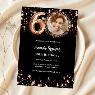 60th Birthday black rose gold photo stars Invitation
