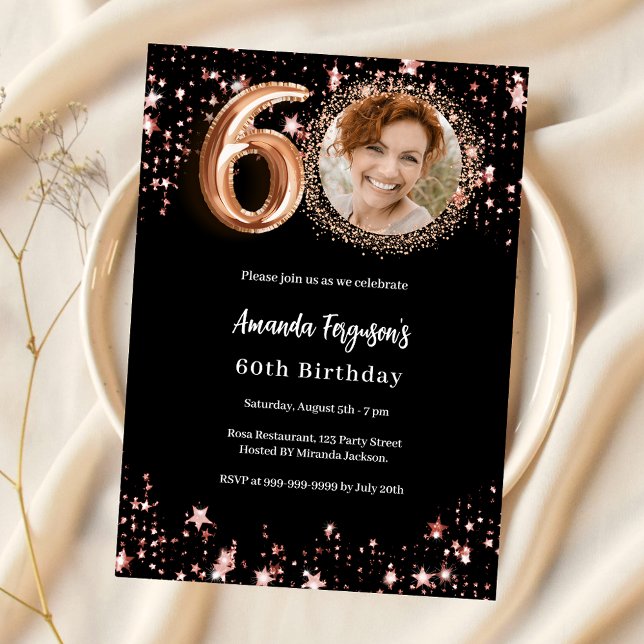 60th Birthday black rose gold photo stars luxury Invitation (Creator Uploaded)