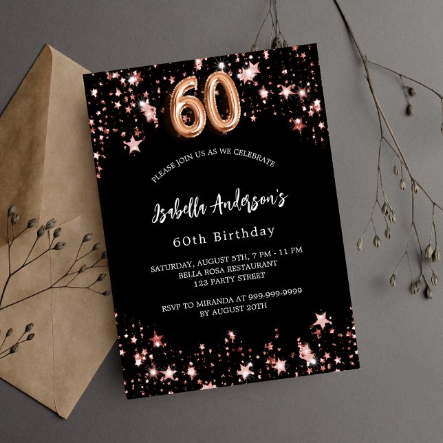 60th birthday black rose gold stars invitation postcard (Creator Uploaded)