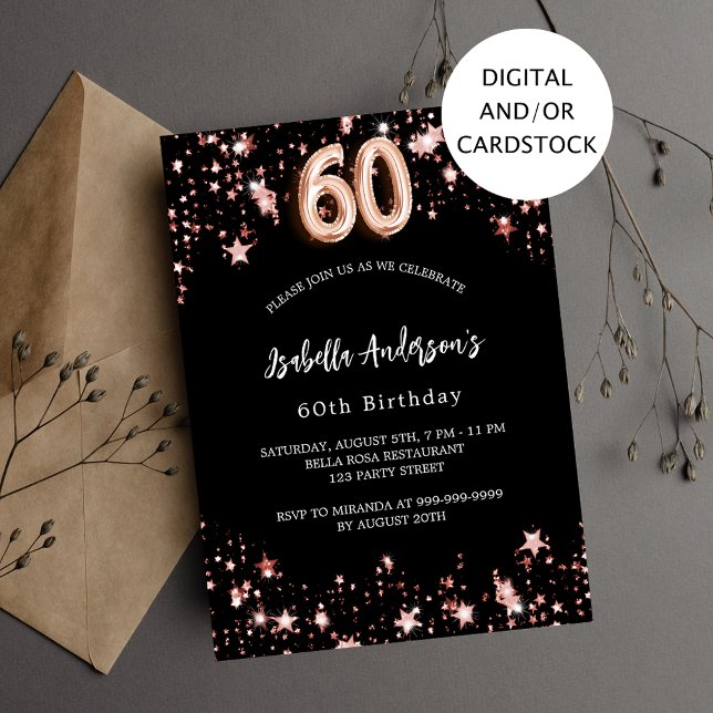 60th birthday black rose gold stars luxury invitation (Creator Uploaded)