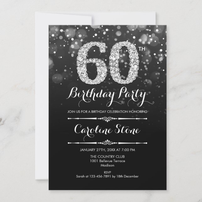 60th Birthday - Black Silver Invitation (Front)