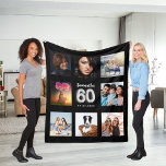 60th birthday black silver photo collage name fleece blanket<br><div class="desc">A unique gift for a 60th birthday, celebrating her life with a collage of 8 of your own photos, pictures. Personalise and add her name and a date. A chic black background. The name is written with a modern hand lettered style script. Number 60 with faux silver balloon style font....</div>