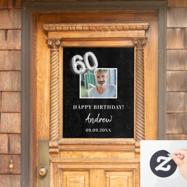 60th birthday black silver photo name guy men window cling (Home Door)