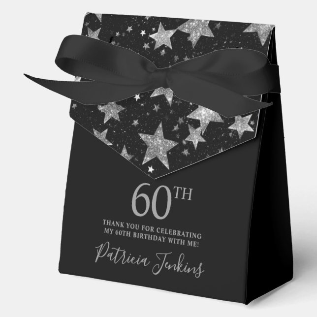 60th Birthday Black Silver Stars Thank You  Favour Box (Front)