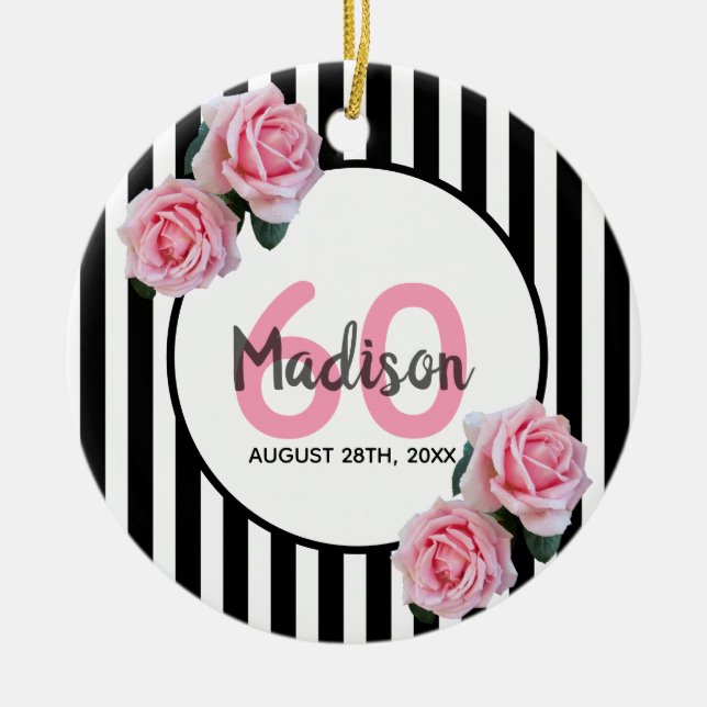 60th birthday black stripes pink roses name ceramic tree decoration (Front)