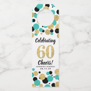 60th Birthday Black Teal Gold Glitter Confetti Bottle Tag