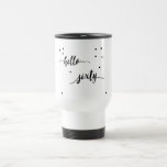 60th birthday black white hello sixty travel mug<br><div class="desc">Elegant and modern for a 60th birthday gift.  White backdrop and black text written with a trendy hand-lettered style script: hello sixty. With small black dots as decor.</div>