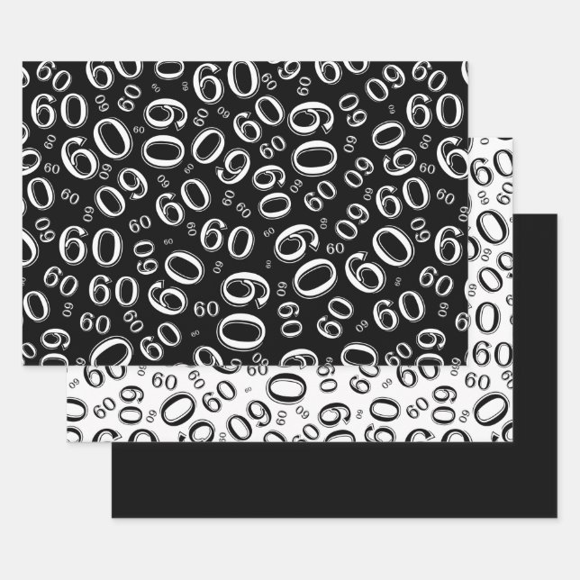 60th Birthday Black & White Number Pattern 60 Wrapping Paper Sheet (Set)