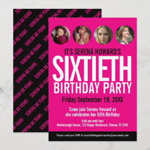 60th Birthday black white pink photo circles Invitation