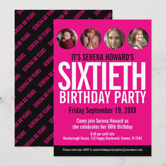 60th Birthday black white pink photo circles Invitation (Front/Back)