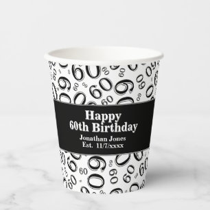 60th Birthday Black/White Random Number Pattern 60 Paper Cups
