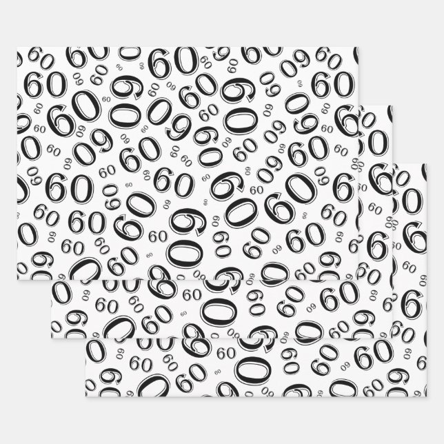 60th Birthday Black/White Random Number Pattern 60 Wrapping Paper Sheet (Set)