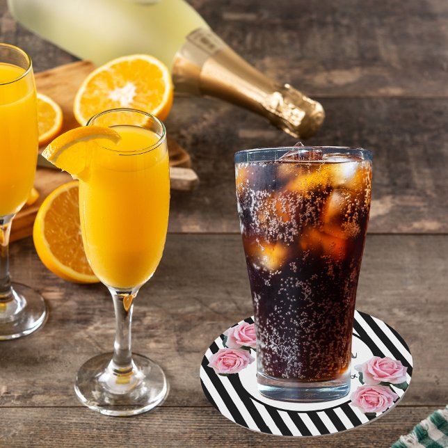 60th birthday black white stripes pink floral  round paper coaster (Creator Uploaded)