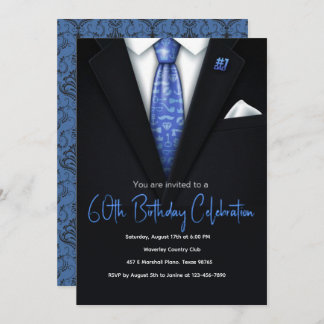 60th Birthday Blue and black Tuxedo invitation