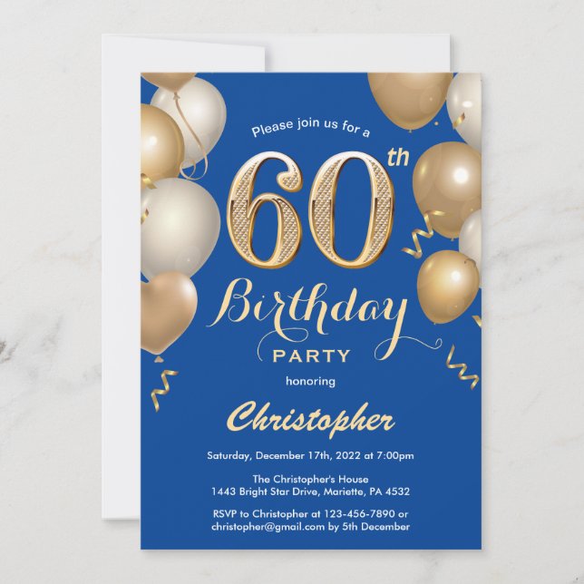 60th Birthday Blue and Gold Balloons Confetti Invitation (Front)