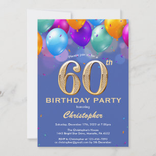 60th Birthday Blue and Gold Colourful Balloons Invitation