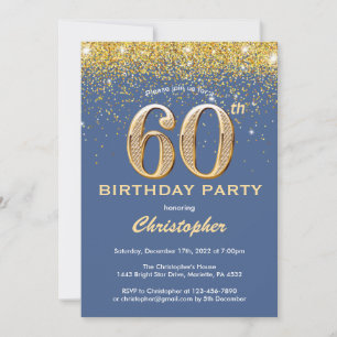 60th Birthday Blue and Gold Glitter Confetti Invitation
