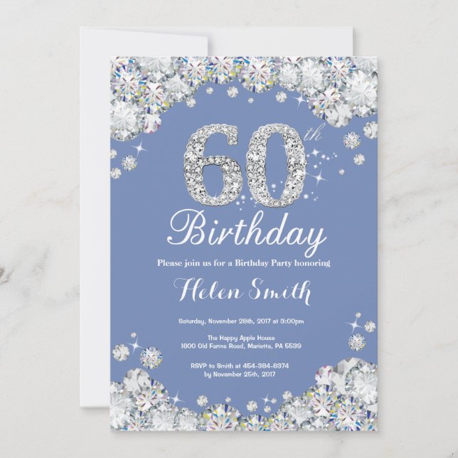 60th Birthday Blue and Silver Diamond Invitation (Front)