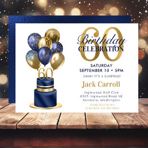 60th Birthday Blue Balloon Cake Surprise Party Invitation