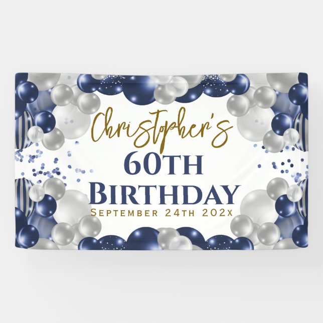 60th Birthday Blue Balloons Party Welcome Banner (Horizontal)