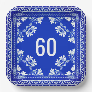 60th Birthday Blue Bandanna Paper Plates
