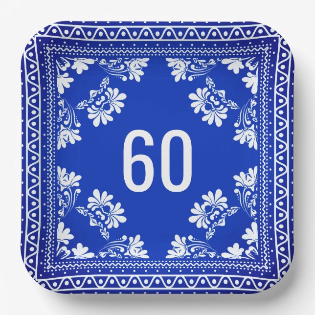 60th Birthday Blue Bandanna   Paper Plates (Front)