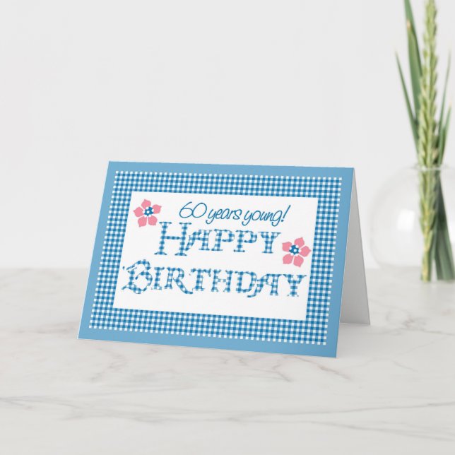 60th Birthday, Blue Check Gingham Pattern Card (Front)