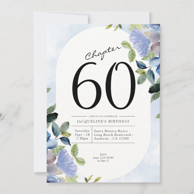 60th Birthday Blue Floral Invitation (Front)
