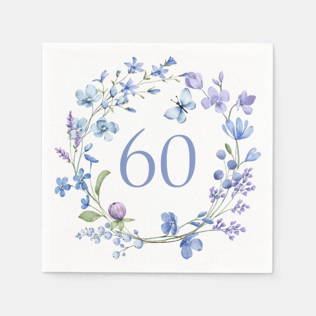 60th Birthday Blue Floral Watercolor Napkin (Front)