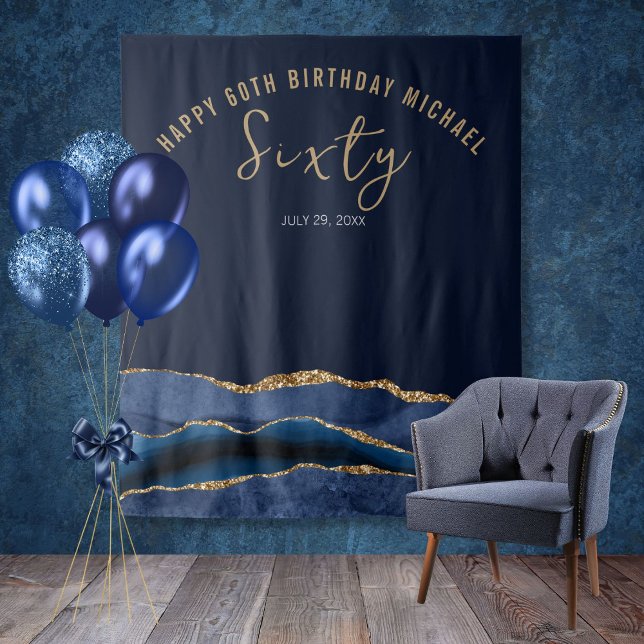 60th Birthday Blue Gold Agate Photo Backdrop Tapestry (Creator Uploaded)