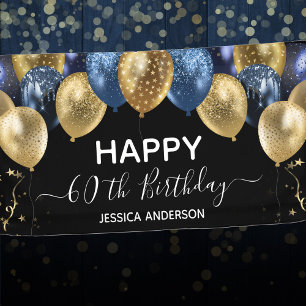 60th Birthday Blue Gold Balloons  Banner
