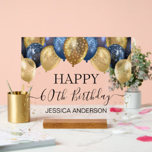 60th Birthday Blue Gold Balloons Clear Acrylic Sign