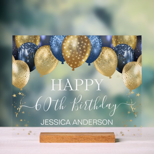 60th Birthday Blue Gold Balloons Clear Acrylic Sign (Neutral)