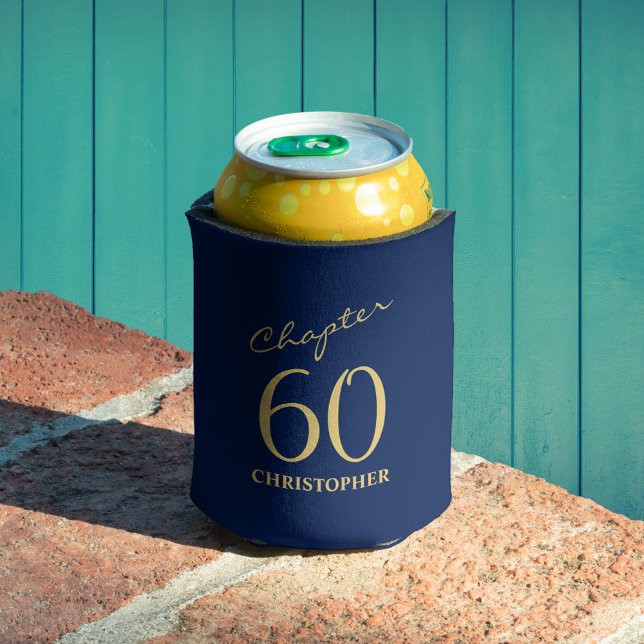60th Birthday Blue Gold Can Cooler (Creator Uploaded)